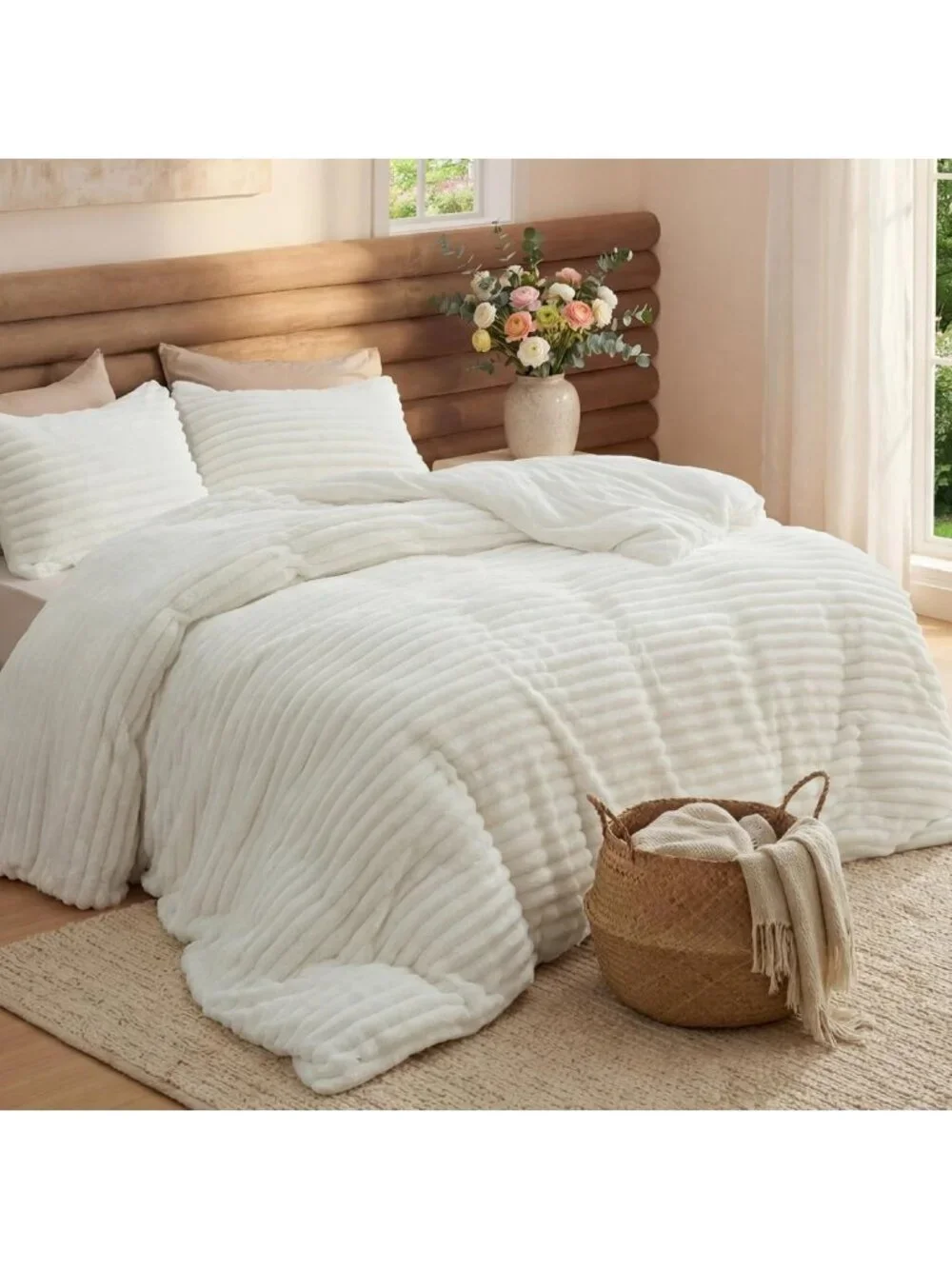 Cozy Fluffy Queen Comforter Set | Soft Cream Fleece Bedding for Ultimate Comfort